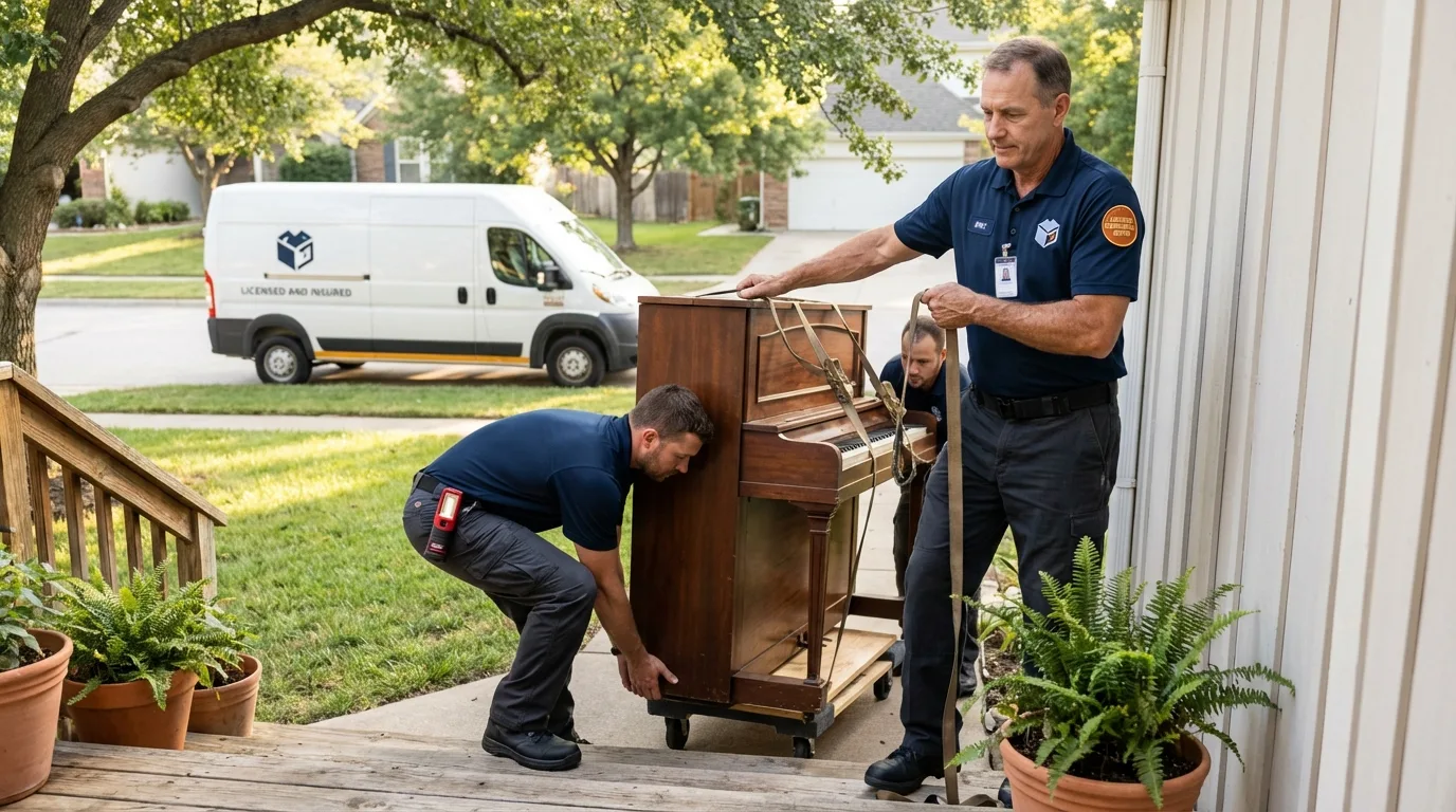 Licensed piano movers securing grand piano in Gentry, AR