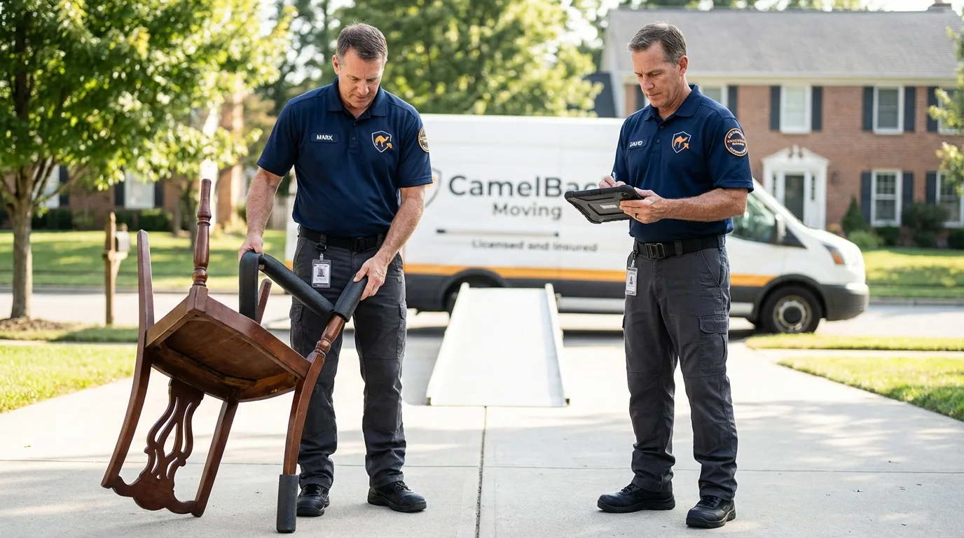 Movers inspecting furniture for damage prevention before loading in Gentry, AR
