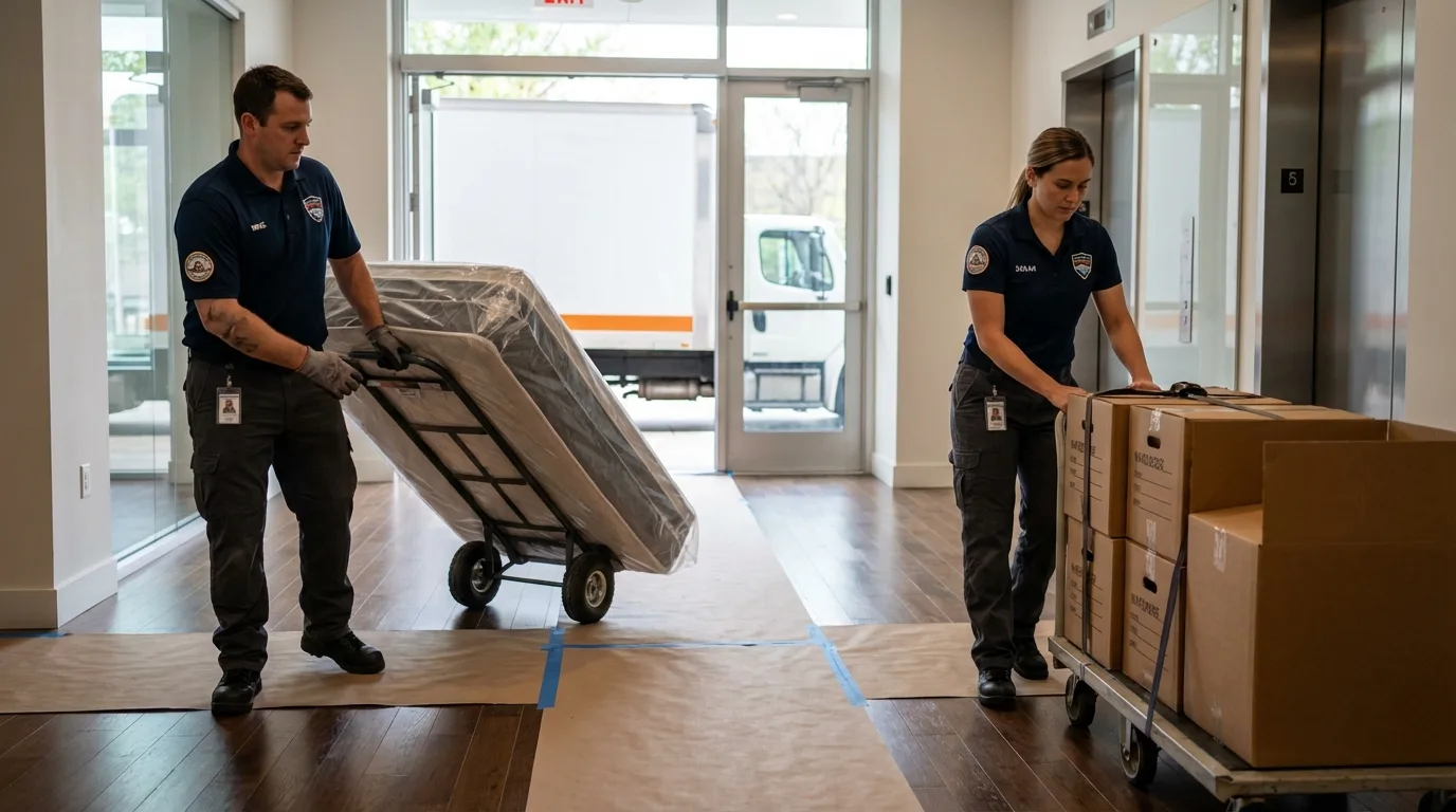 Professional apartment movers loading elevator in Gentry, AR